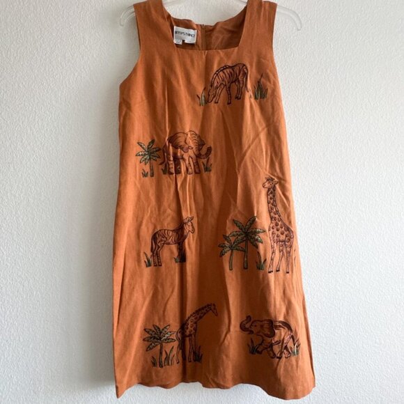 Betsys Things Vintage Embroidered Linen Blend Safari Animal Shift Dress size 8 - Picture 1 of 7